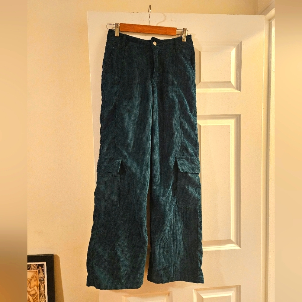 EUC Over Kleshas Green/Teal Corduroy Cargo Pants, Womens Size S
